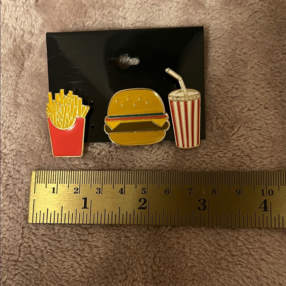 Fast Food Enamel Pin Set — Fries, Burger & Soda (Red, Yellow) -NEW!!
